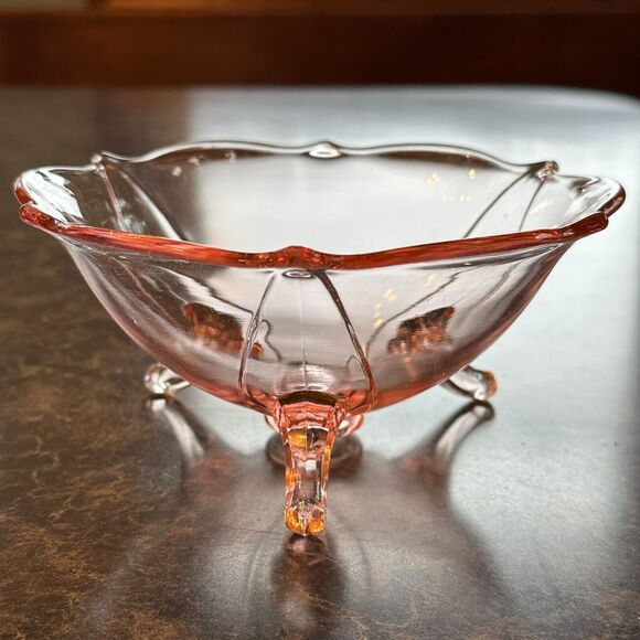 Rare Vintage Pink Depression Lancaster Jubilee 3 Footed bowl 3"H x 6.25”W - Picture 2 of 6